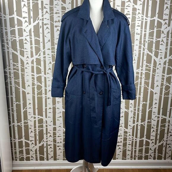 Vintage 80s Navy Blue Olive Green Double Breasted Trench Coat 6 - Picture 1 of 11